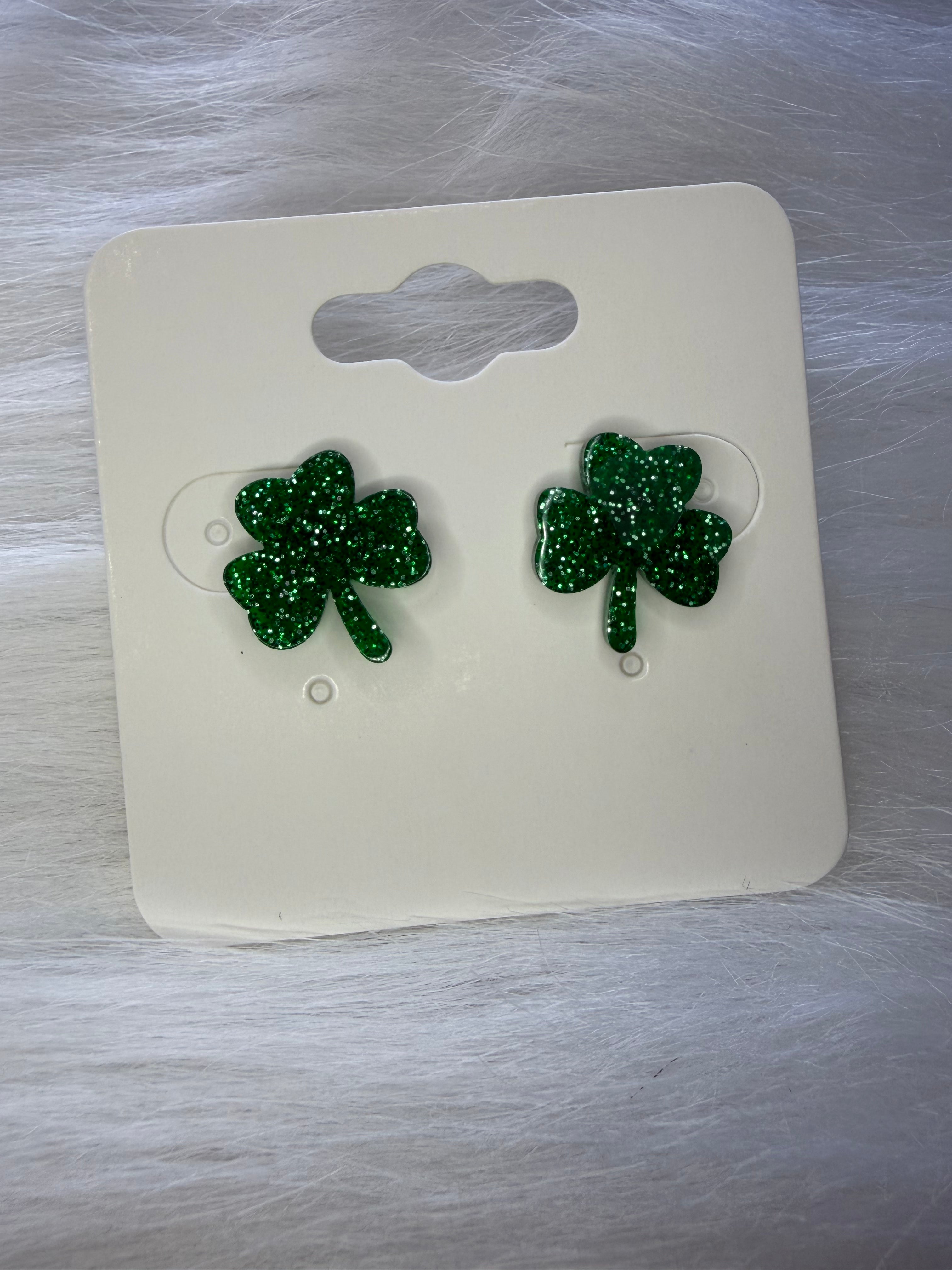 Green Glitter Clover Studs
