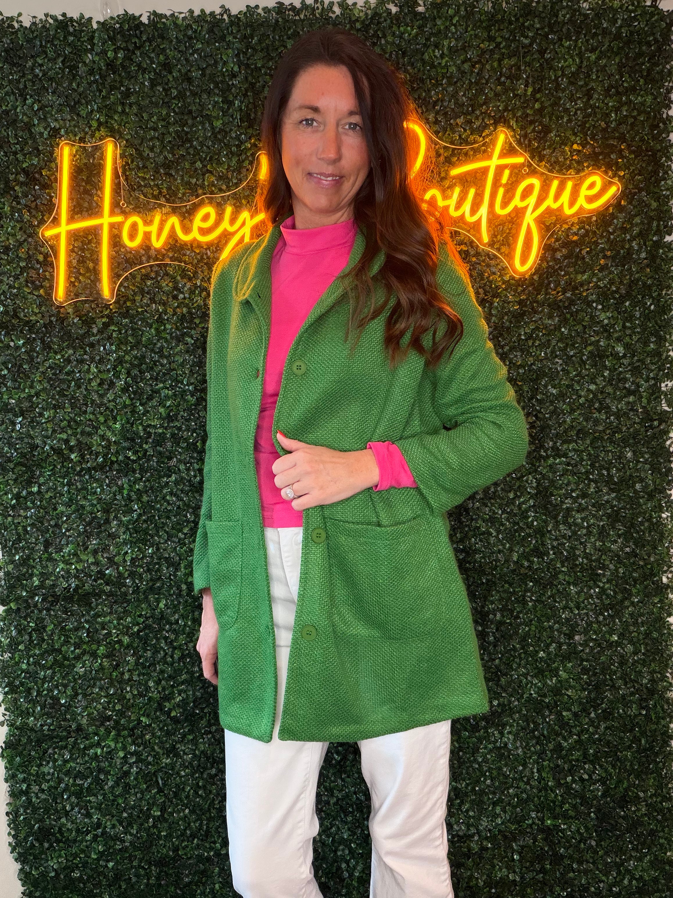 High Neck Button Down Coat in Green