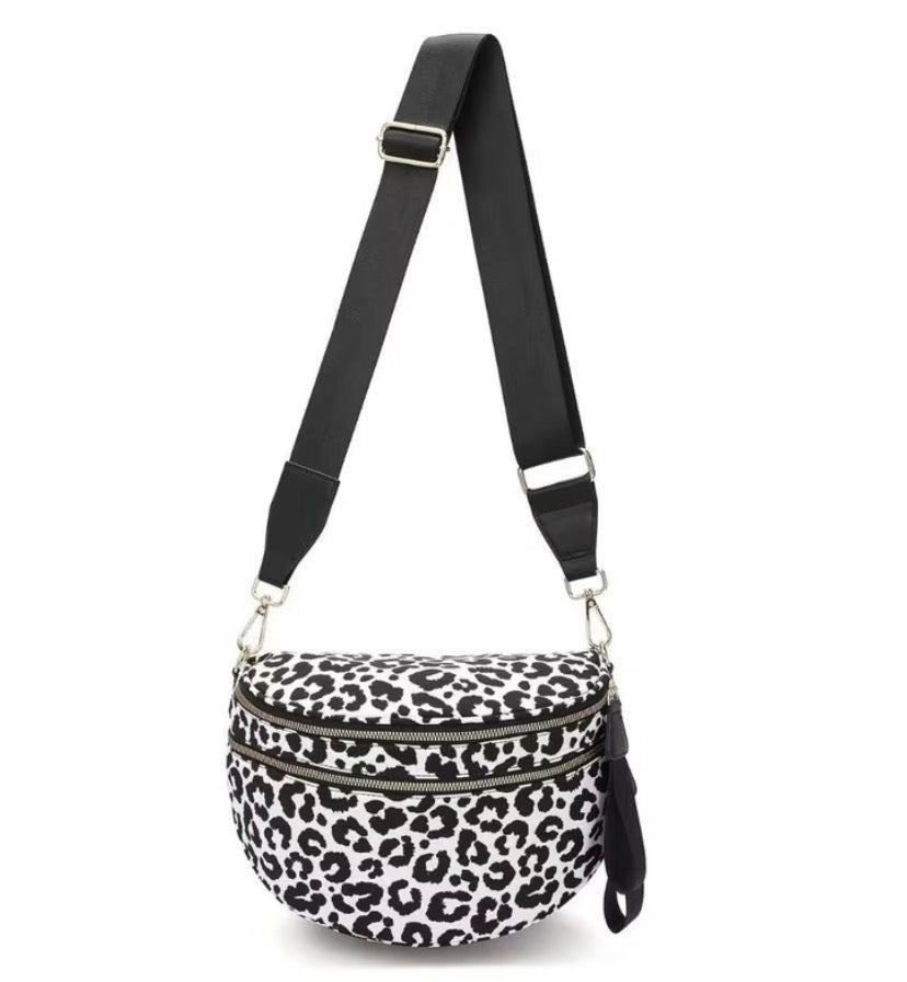 Black Leopard Double Zip Adjustable Sling Bag