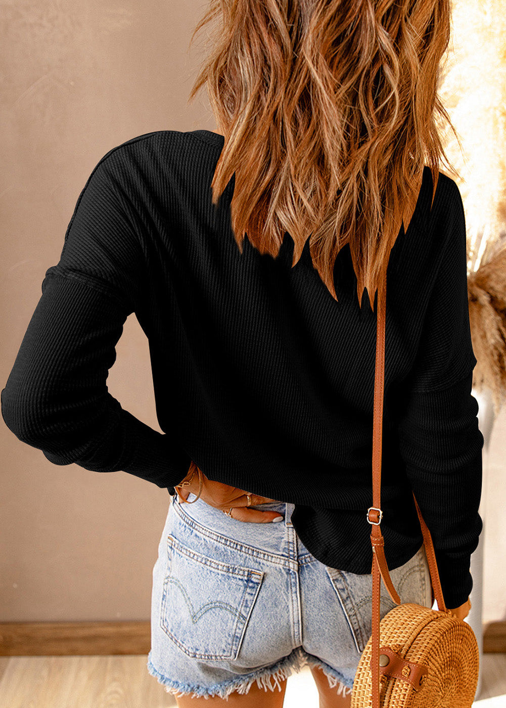 Black Waffle Knit Henley Top (SALE)