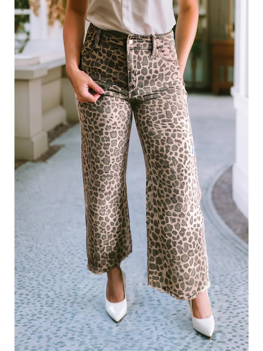 Leopard Frayed Edge Wide Leg High Waist Jeans