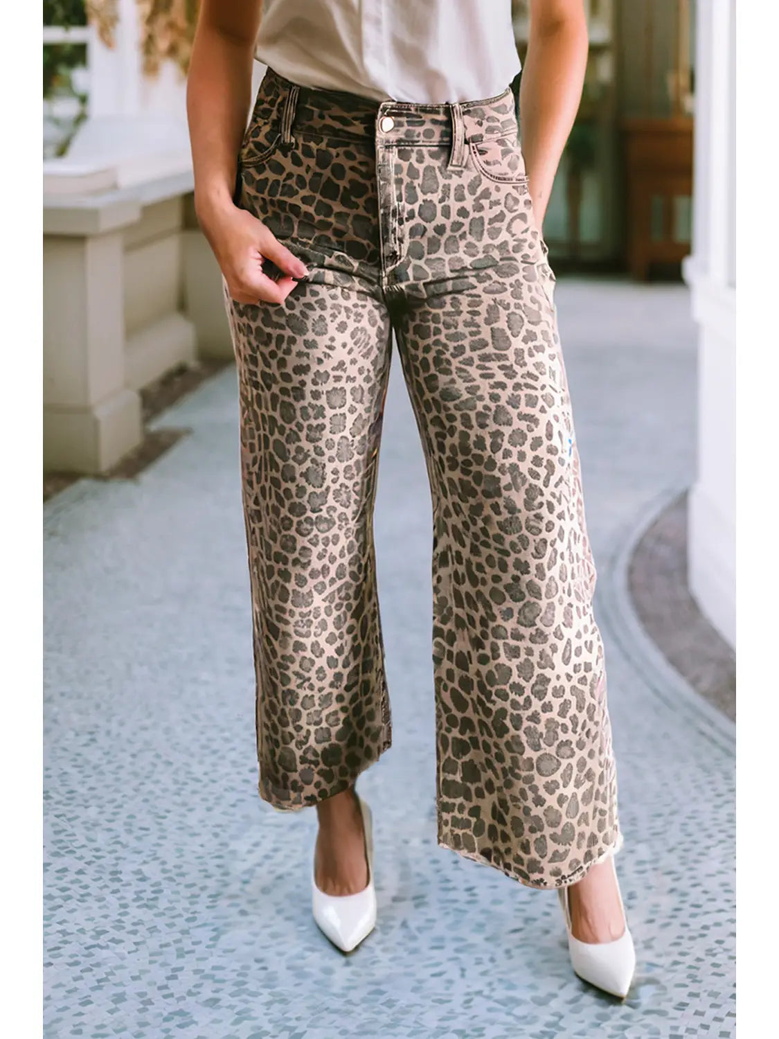 Leopard Frayed Edge Wide Leg High Waist Jeans