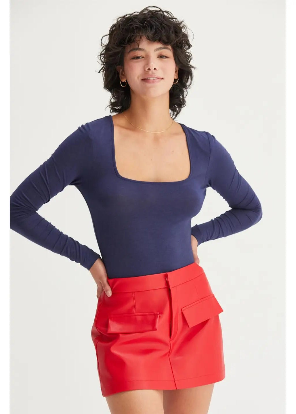 Square Neck Long Sleeve Bodysuit in Navy