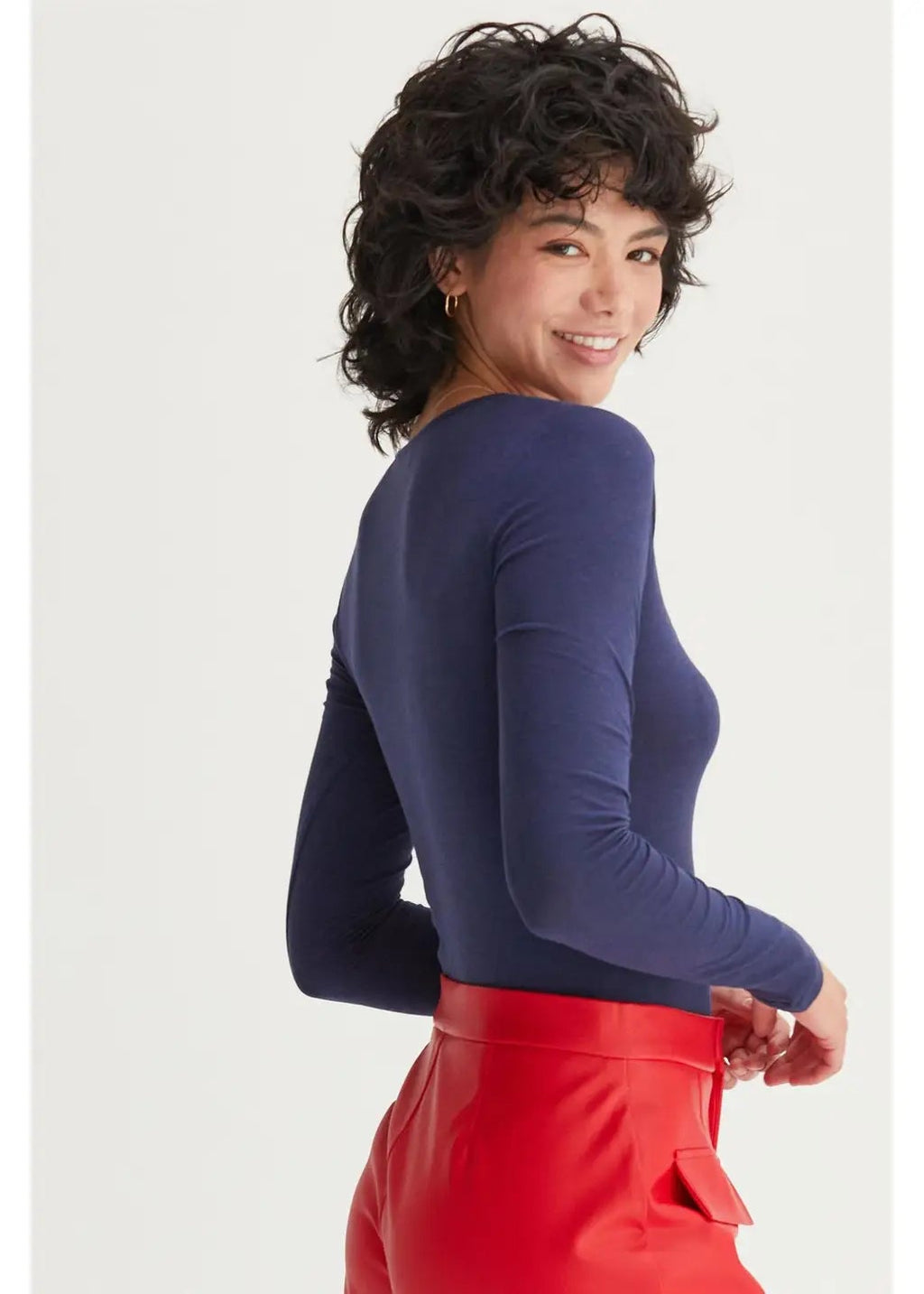 Square Neck Long Sleeve Bodysuit in Navy