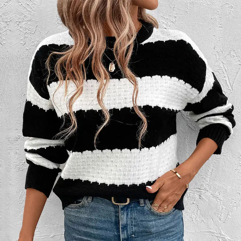 Crew Neck Striped Knit Pullover