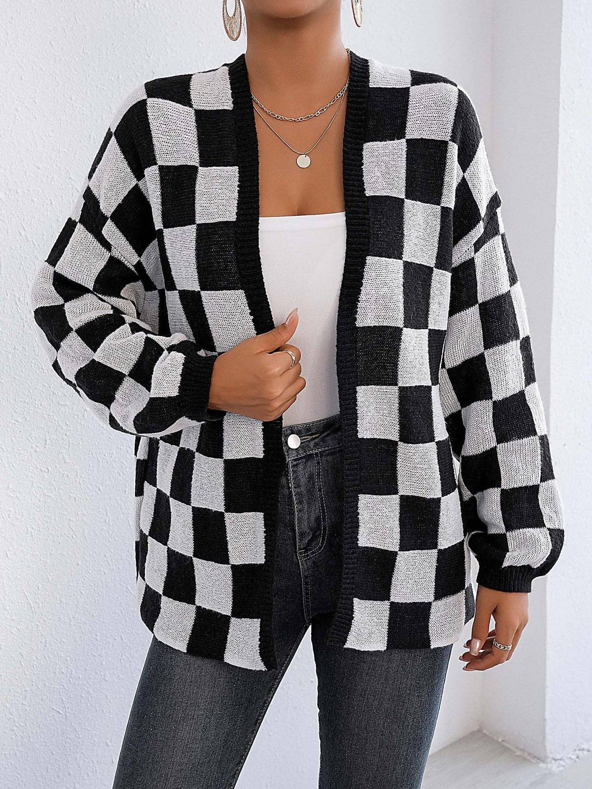 Plaid Colorblock Open Cardigan