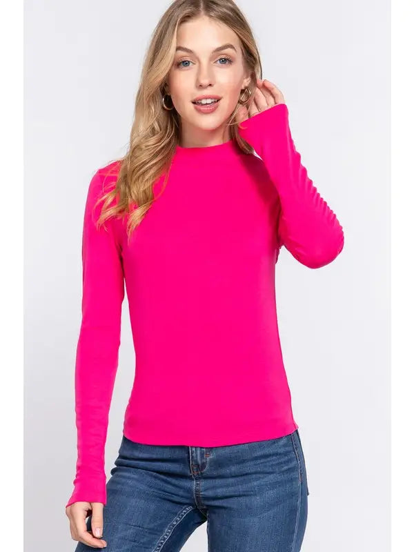 Mock Neck Rib Knit Top in Fuchsia
