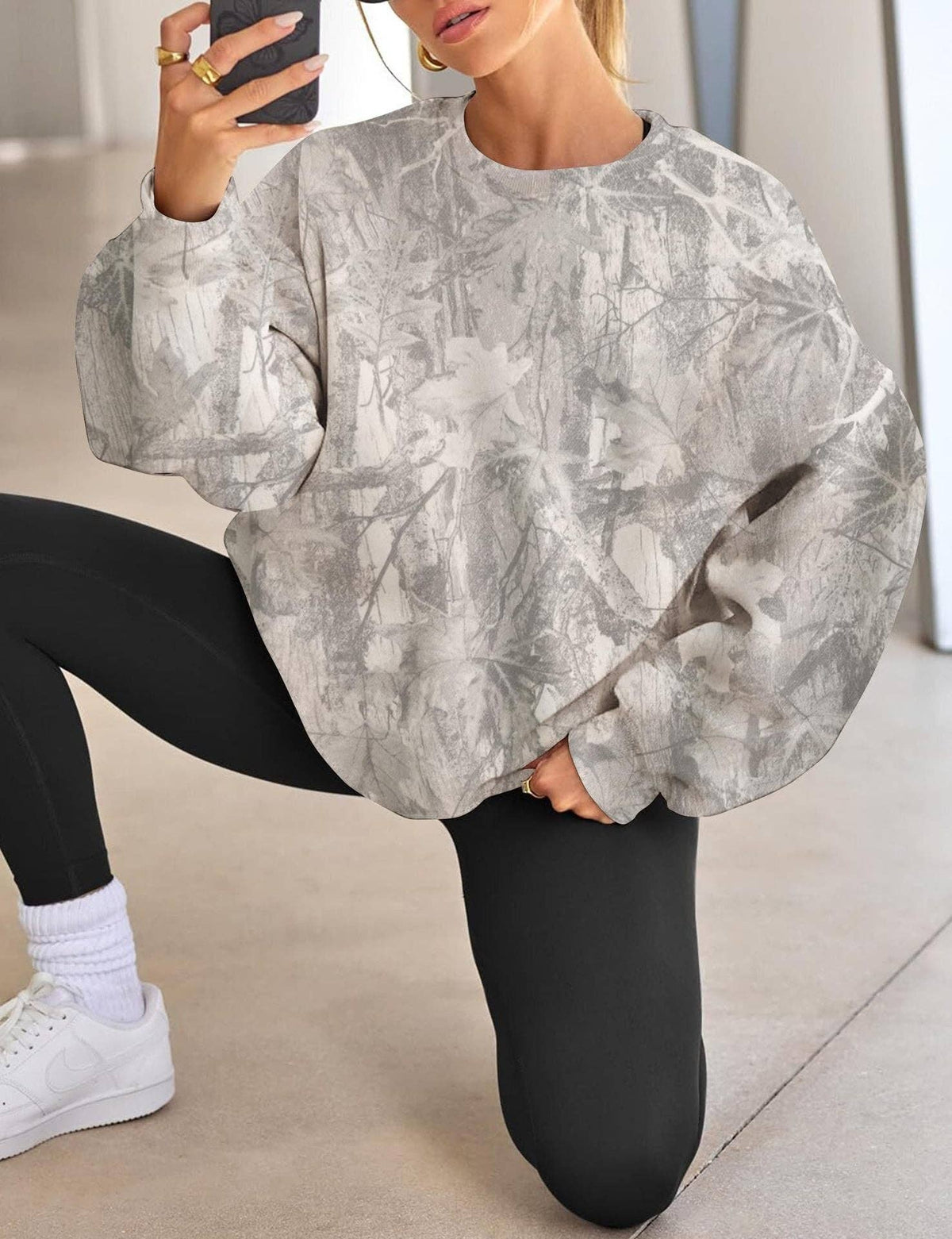 Camo Branch Print Oversized Crewneck