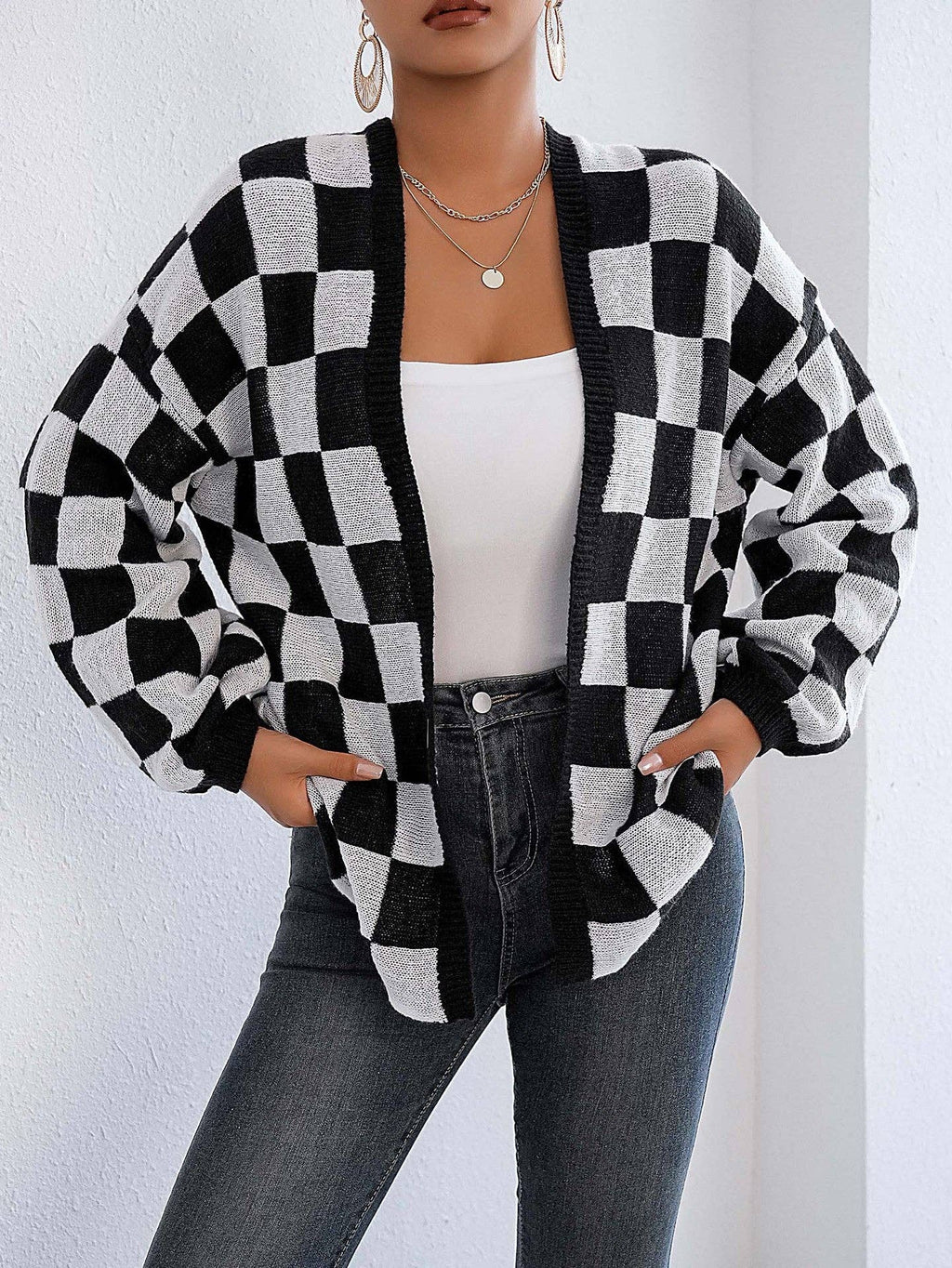Plaid Colorblock Open Cardigan