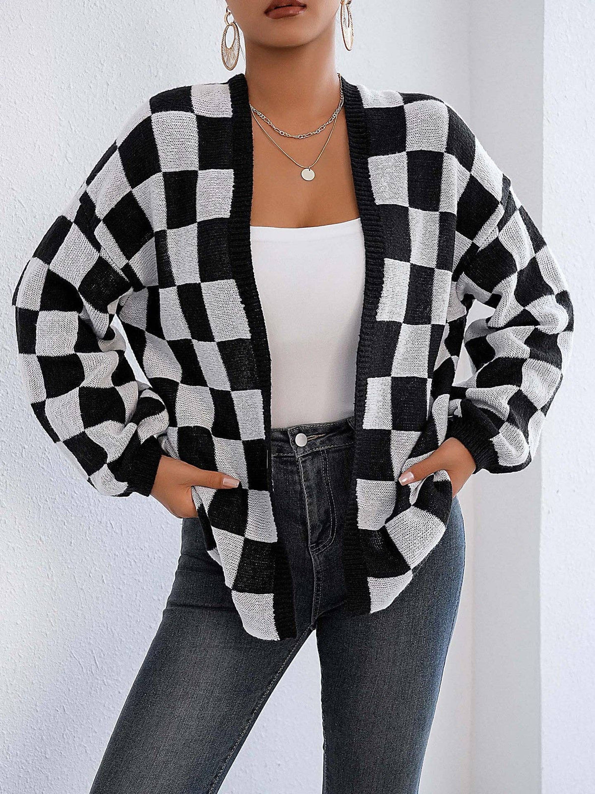 Plaid Colorblock Open Cardigan