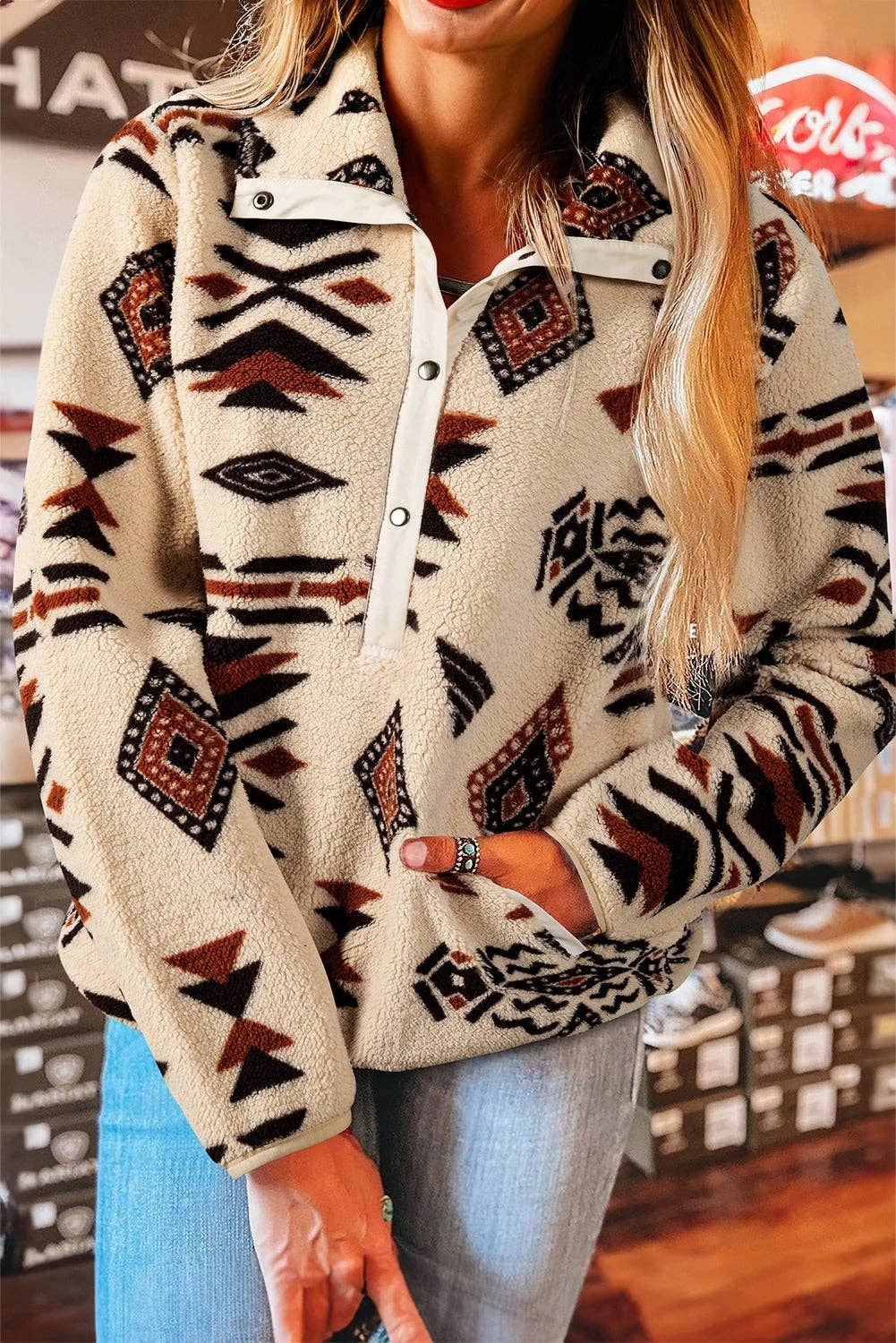 Aztec Print Sherpa Half Zip Sweatshirt
