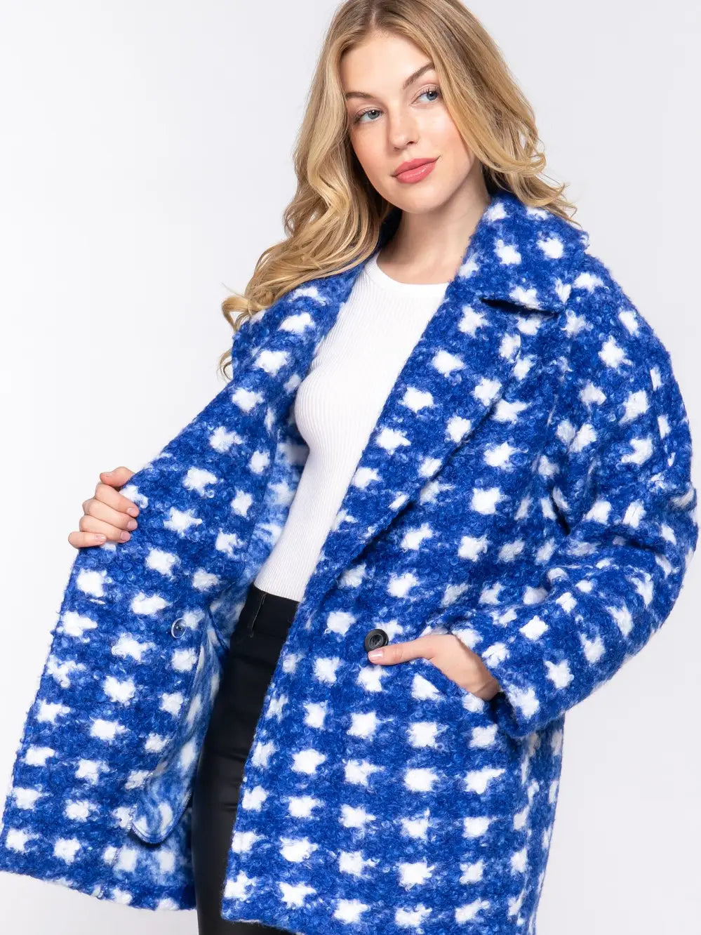 Blue Check Print Fleece Coat
