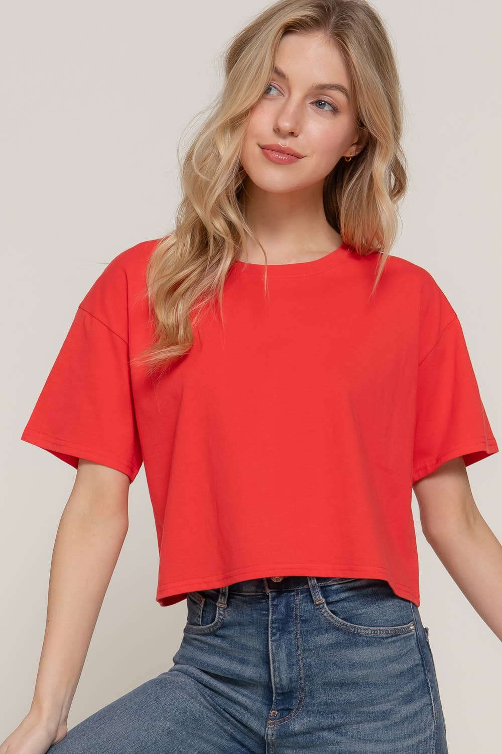 Red Crew Neck Oversize Crop Tee