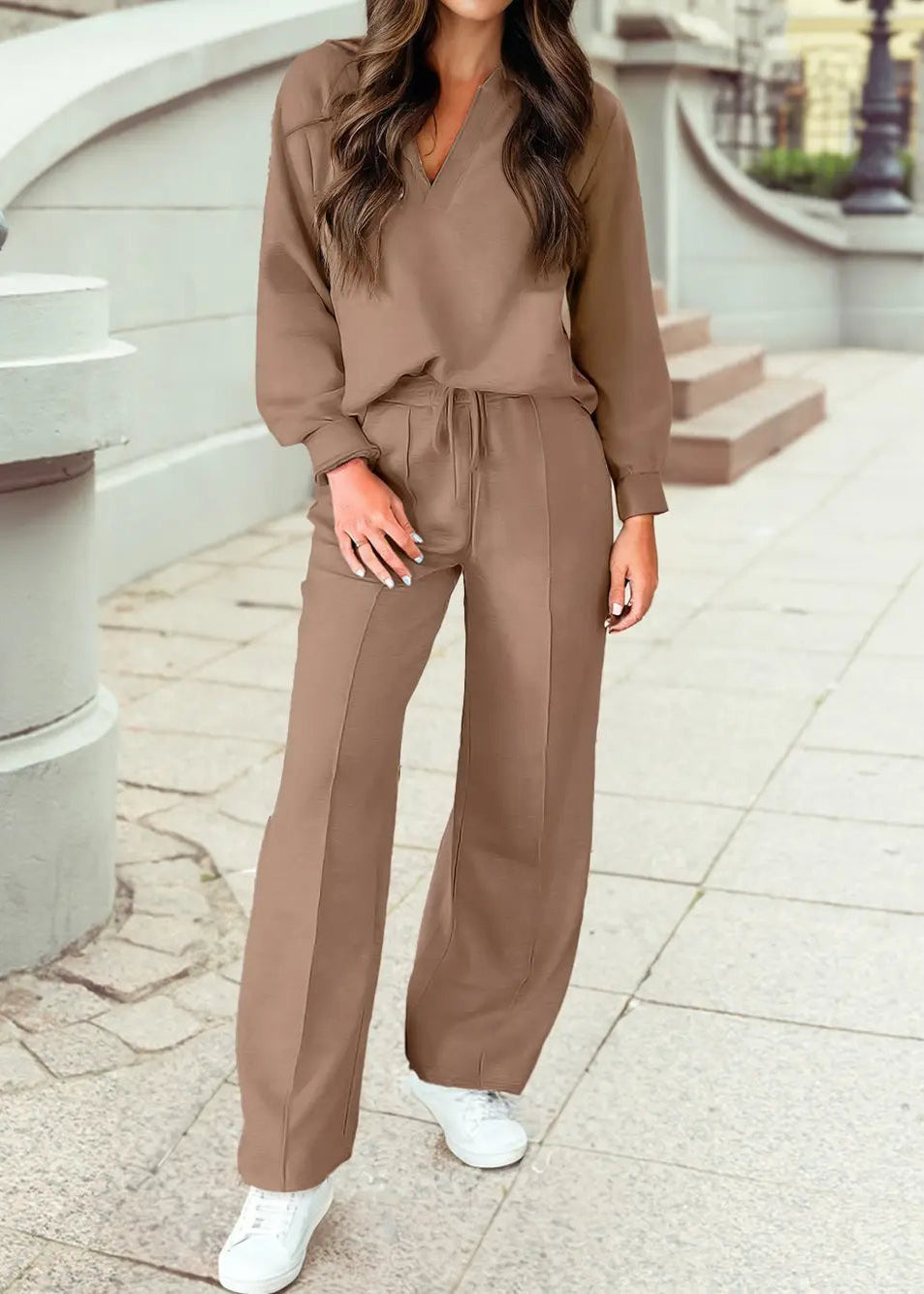 Polo Collar Pullover with Drawstring Pants Set