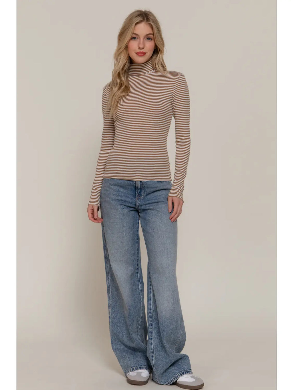 Khaki Turtle Neck Stripe Top