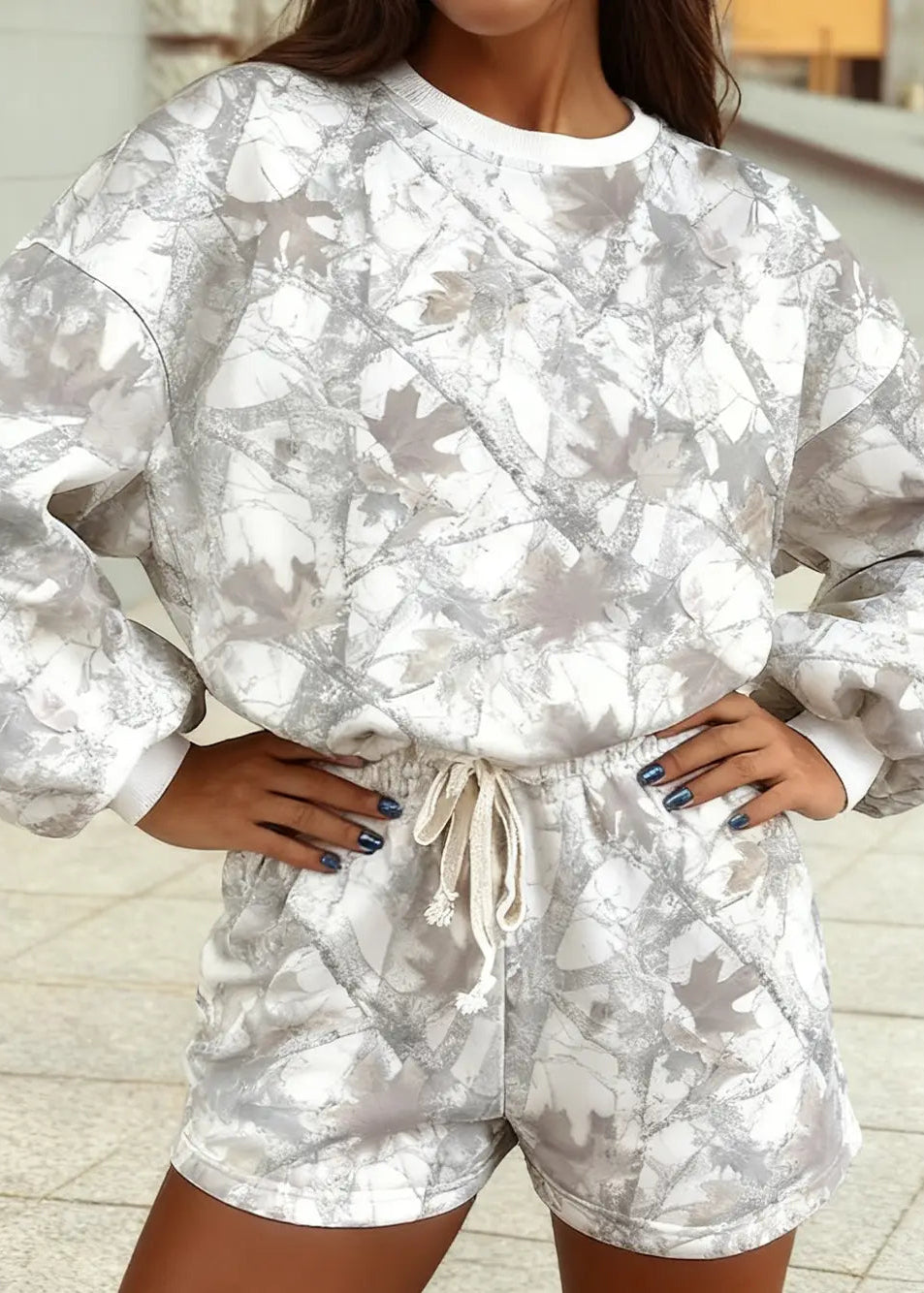 Camo Print Long Sleeve Top and Shorts Set