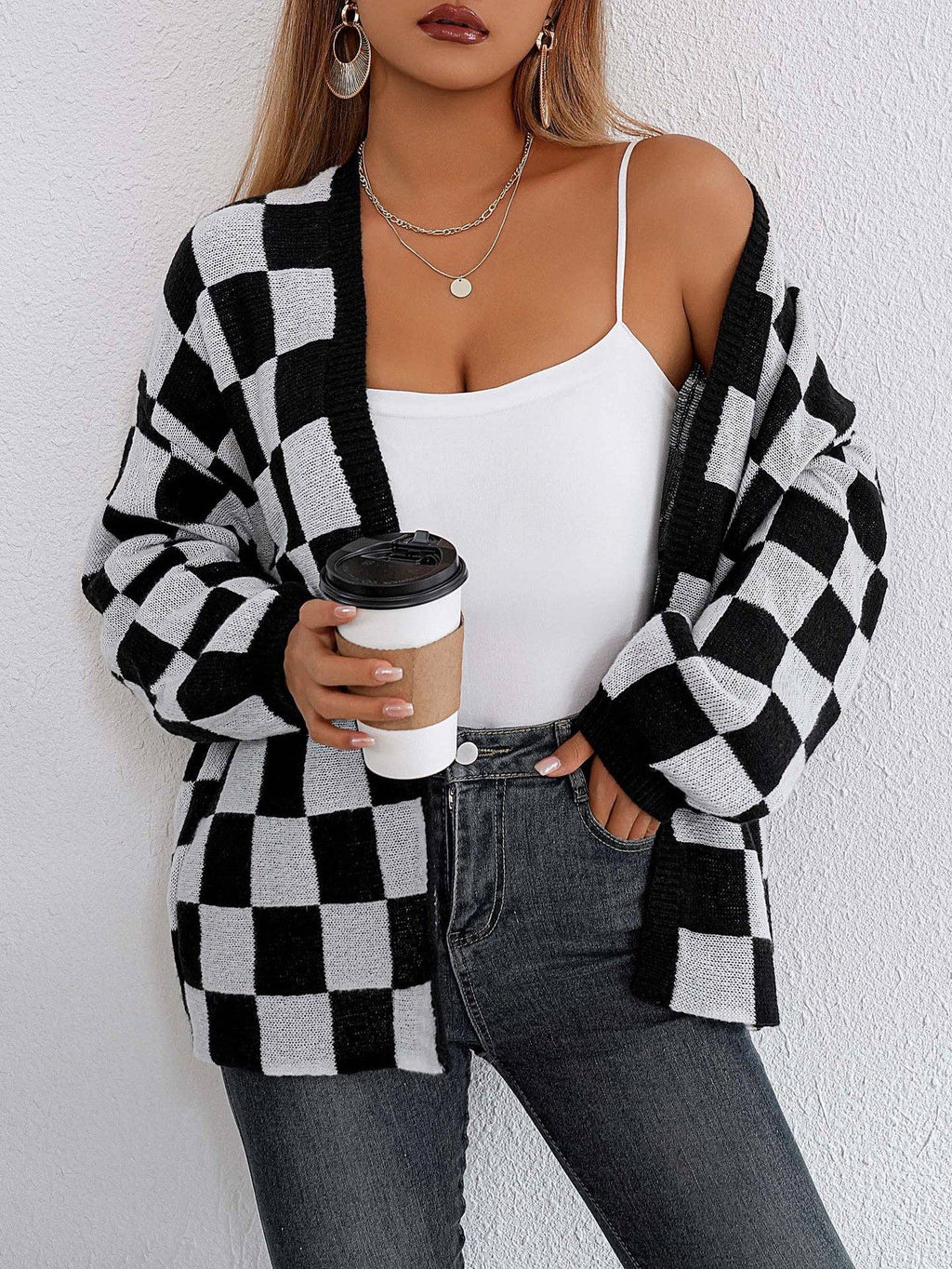 Plaid Colorblock Open Cardigan