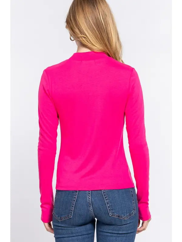Mock Neck Rib Knit Top in Fuchsia