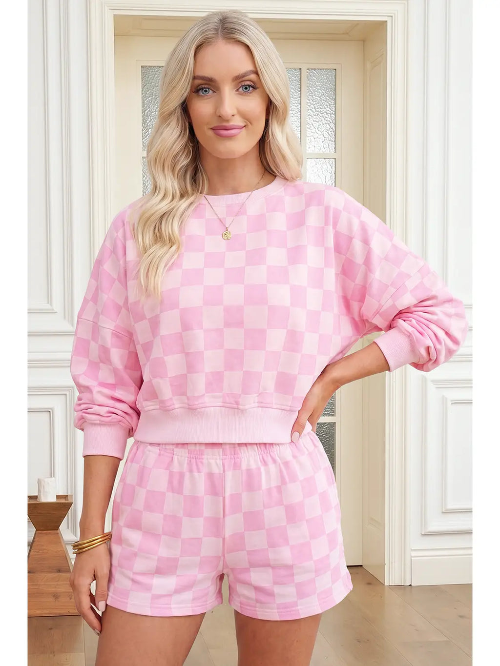 Pink Checkered Top and Shorts Set