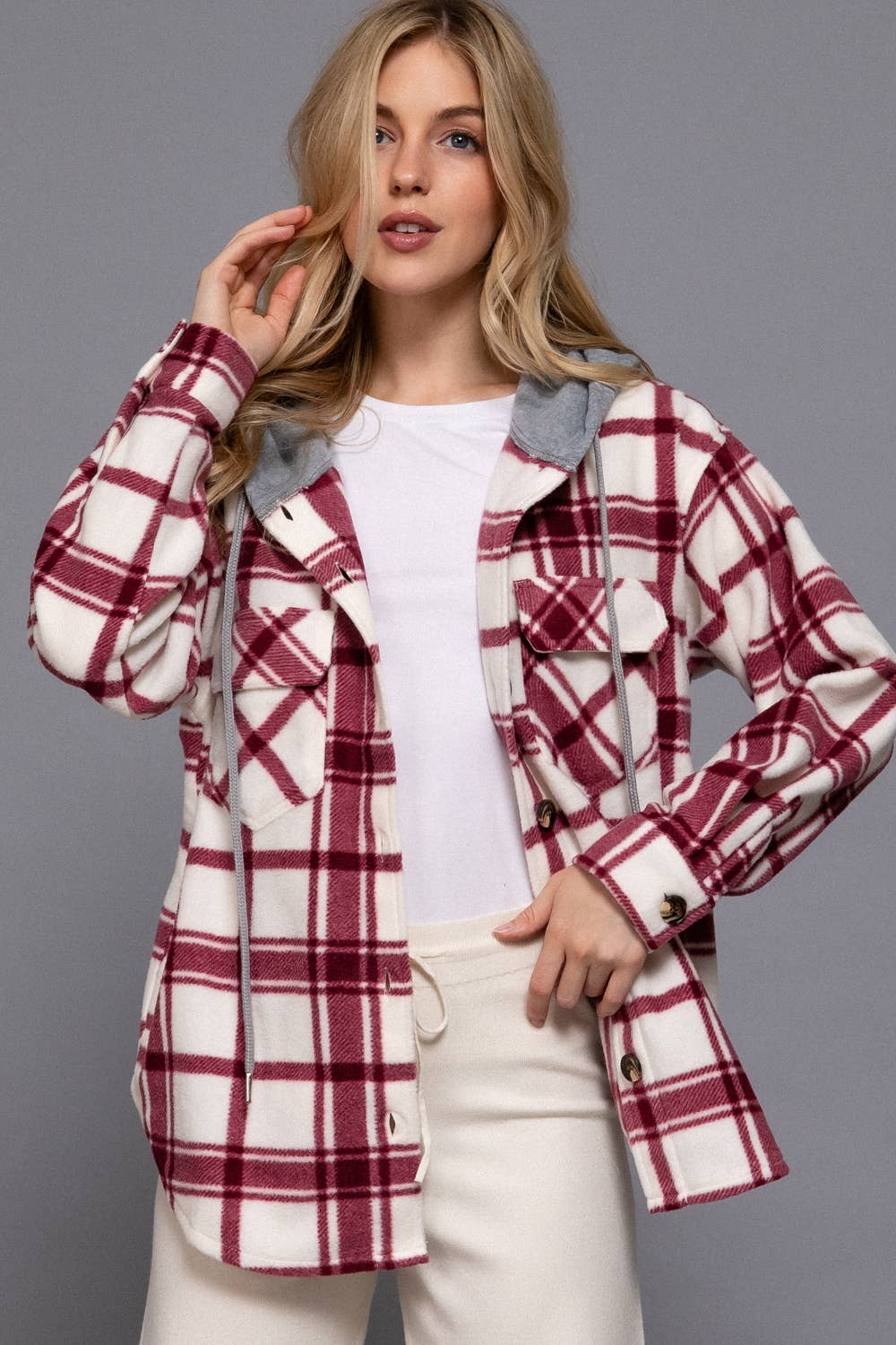 Plaid Button Down with Hoodie Fleece Jacket