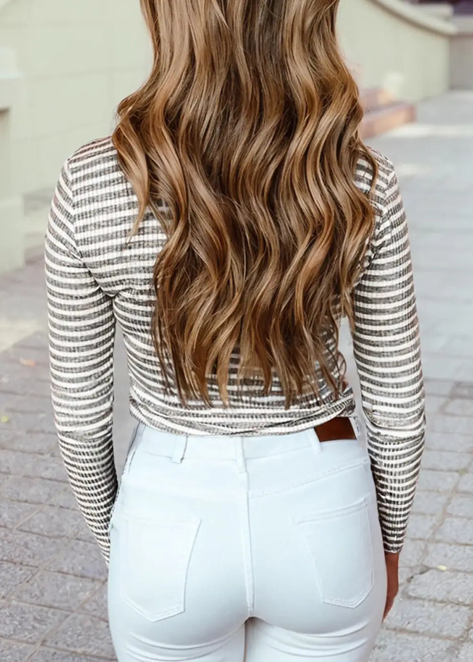 Ribbed Gray Long Sleeved Striped Top