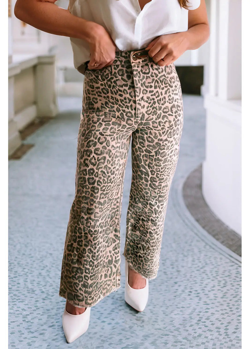 Leopard Frayed Edge Wide Leg High Waist Jeans