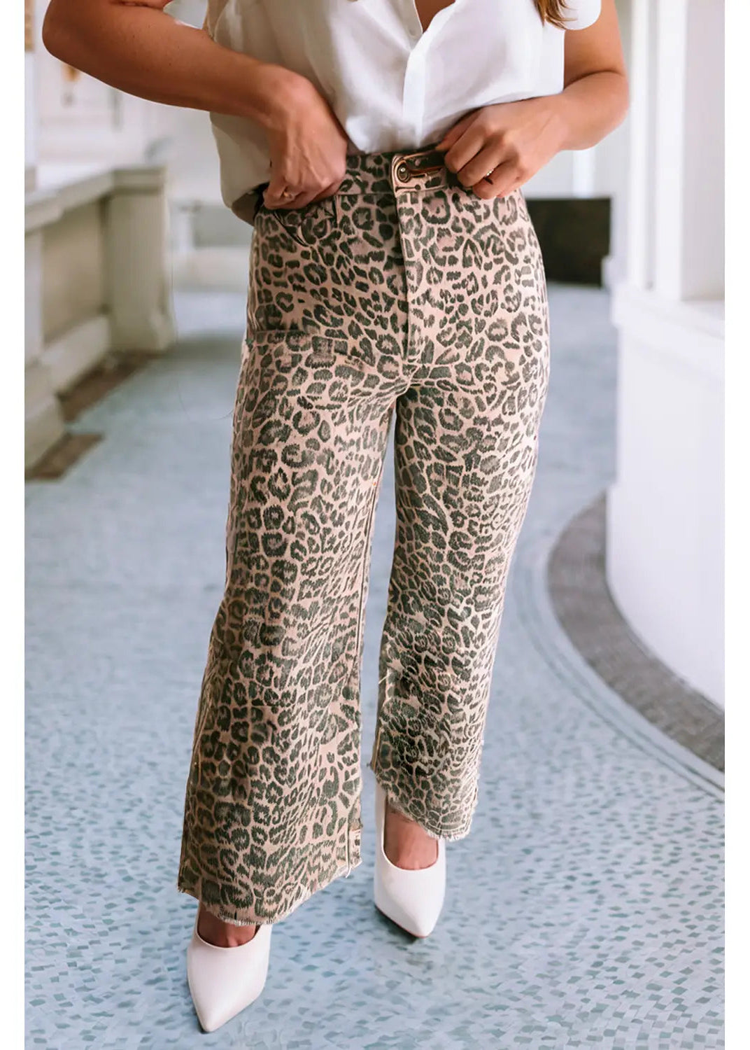 Leopard Frayed Edge Wide Leg High Waist Jeans